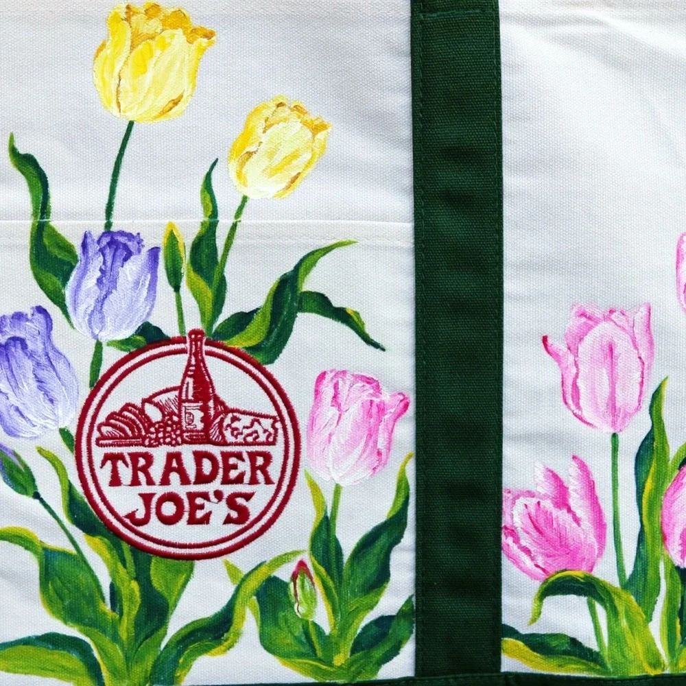 Hand Painted‎ Trader Joe’s Canvas Tote Bag Tulip Design Green Trim Spring Garden